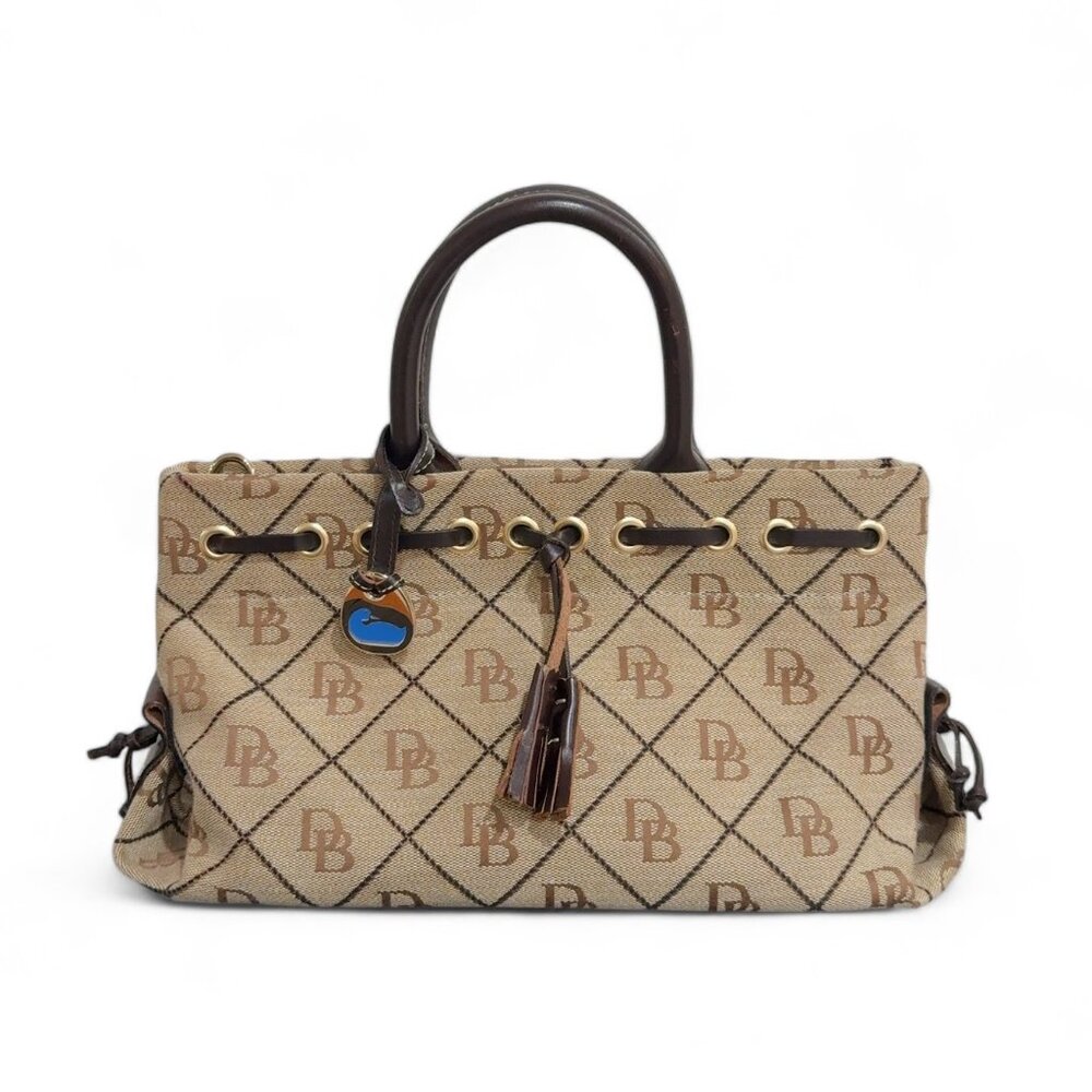 Vintage Dooney & Bourke Brown Logo Print Canvas Tassel Tote Satchel Bag - Picture 1 of 13